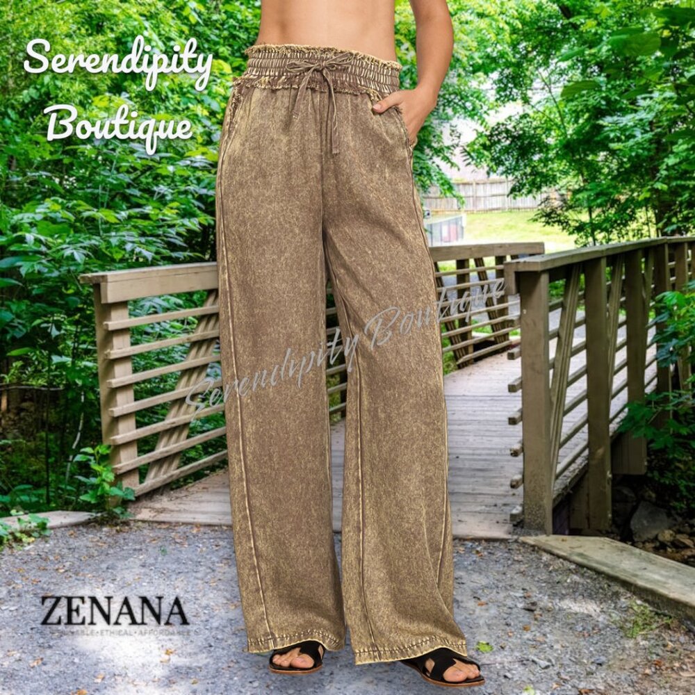 Zenana Mocha Baggy Flare Wide Leg Mineral Wash Tencel Elastic Waist Pants